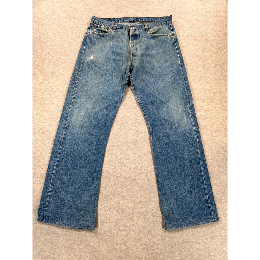 Levis 501 Jeans Mens 36x34 Blue Whisker Denim Cotton Medium Wash Straight Leg